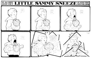 Six-panel Little Sammy Sneeze comic strip in which Sammy Sneeze destroys the strip's panel borders with a sneeze