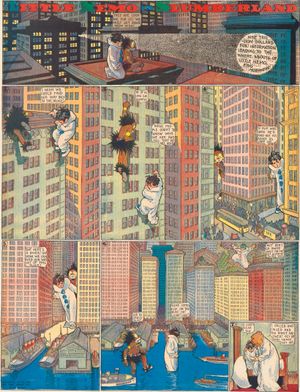 Comic strip of two giant characters wandering around a city