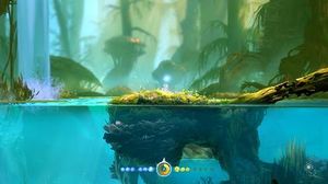 게임플레이 스크린샷으로 오리와 세인(오리 머리 위 파란 구체)을 보여준다. 하단의 HUD는 오리의 에너지와 체력, 그리고 다음 레벨업까지의 진행 상황을 나타낸다.