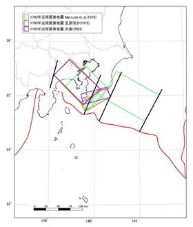 주요 학자들이 가정한 겐로쿠 대지진의 단층 모델