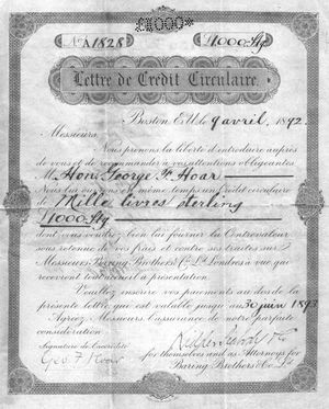 1892년 베어링스 형제가 미국 상원 의원 조지 호어에게 발행한 1,000파운드 상당의 신용장