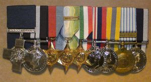 조나단 로저스가 받은 메달들. 맨 왼쪽이 조지 십자장이며, 그 옆으로 제2차 세계 대전 중 영국 해군 복무 시 받은 메달, 호주 해군 소속으로 한국 전쟁 등에 참전하며 받은 메달, 장기 근속 메달 등이 있다