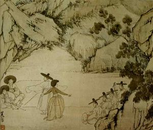 납량만흥(納凉漫興): 산 속에서 기생과 가무를 즐기는 양반을 묘사한 그림이다.