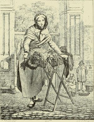 버터 마켓 입구의 리본 판매상, J.J. 에크호트의 판화, 1884년