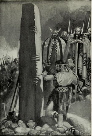 오검 문자를 석주에 새긴 모습 – 스티븐 리드의 삽화, T. W. 롤레스턴의 켈트족의 신화와 전설, 1911년 출판, p. 288