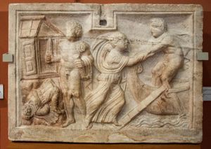 타우리스에서 이피게네이아의 탈출. 고대 로마 부조, 대리석 석관의 말단부. 서기 2세기 중반