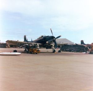 1967년 다낭 공군 기지에서 네이팜탄을 장착하는 RVNAF 516 전투 비행대대의 A-1H 스카이레이더