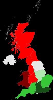 잉글랜드 9개 지역과 스코틀랜드, 웨일스, 북아일랜드의 의석수 변화 (붉은색: 감소, 초록색: 증가, 검은색: 보장선거구)