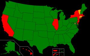 미국 각 주의 소음기 규제 현황 (2017년): 녹색 - 합법, 주황색 - 사냥 목적 사용 금지, 빨간색 - 불법