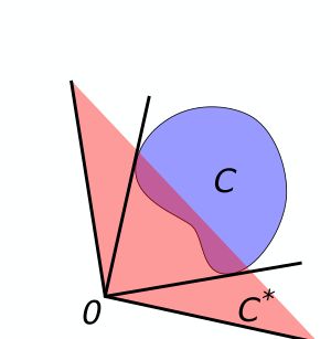 집합 (파란색)와 그것의 쌍대 원뿔 (빨간색).