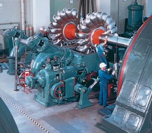 발전소의 좌측에 있는 펠턴 휠이 우측의 단상 발전기에 연결되어 있다. 발헨제 수력 발전소