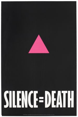Graphic of poster with pink triangle on black and "Silence