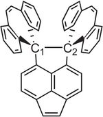 원자 C1과 C2 사이에 가장 긴 C-C 결합 길이를 가진 헥사페닐에탄 골격 기반 유도체, 186.2pm