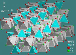 황옥의 결정 구조는 알루미늄 팔면체(회색), 실리카 사면체(파란색), 산소(빨간색), 불소(녹색)를 보여주는 다면체를 사용합니다.