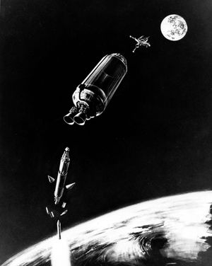 아틀라스-센타우르가 서베이어 착륙선을 달 전이 궤도에 직접 투입하고 있다.