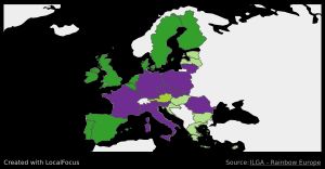 유럽 각국의 보조생식기술 조건: 초록색 계열은 레즈비언 커플 또는 미혼 여성에게 ART를 허용하는 국가, 보라색은 금지하는 국가를 나타낸다.