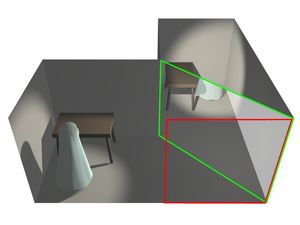 거울 이미지 방의 조명이 켜지면(빈 방의 조명은 약간 어둡게 하여 보상함), 유령이 갑자기 나타난다.