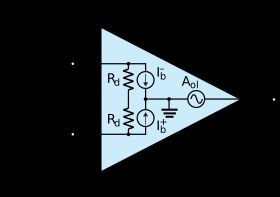 그림 6: 비이상적인 연산 증폭기를 사용한 차동 증폭기: 입력 바이어스 전류 및 차동 입력 임피던스