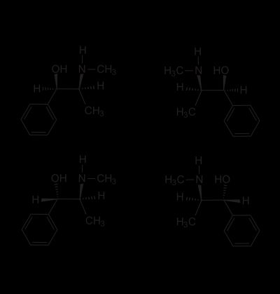 두 쌍의 거울상 이성질체: 에페드린 (상단)과 슈도에페드린 (하단).