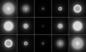 음의(위쪽 행), 0(중간 행), 양의 구면 수차(아래쪽 행)를 가진 시스템에 의해 이미징된 점광원. 중앙 열은 초점이 맞춰진 이미지를 보여주고, 왼쪽 열은 안쪽으로 초점이 벗어난 것을, 오른쪽 열은 바깥쪽으로 초점이 벗어난 것을 보여준다.