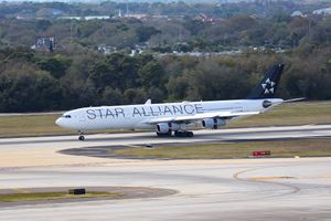 전 루프트한자 시티라인 에어버스 A340-300. 노동 협약으로 인해 이 A340 기종들은 모회사인 루프트한자의 스타 얼라이언스 도색 항공기에 있는 작은 "루프트한자" 명칭을 놓쳤다.