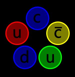 2015년 7월에 발견되었을 가능성이 있는 P 타입의 펜타쿼크 도식. 각 쿼크의 맛깔과 가능한 색상 구성을 보여준다.