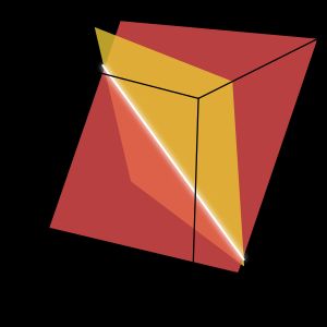 세 변수에 대한 두 방정식의 해 집합은 일반적으로 직선이다.