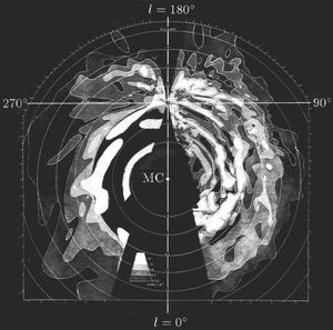 오르트 등의 21cm 방출선을 기반으로 한 은하의 전파 지도(1958)