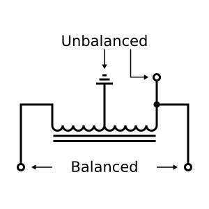 오토트랜스포머 형태의 발룬 회로도. 페라이트 막대에 단일 권선을 사용하여 3개의 탭을 사용한다.