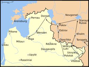 리보니아 전쟁의 마지막 시기의 작전. 실선은 1600년경 폴란드의 국경을 나타내며, 러시아는 동쪽에 위치한다.