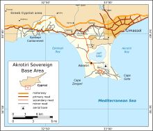 링컨셔 포처를 방송하는 것으로 추측하는 키프로스 아크로티리 지도 및 라디오 안테나 위치.