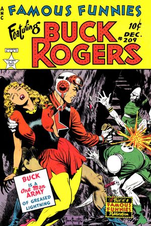 벅 로저스가 Famous Funnies #209 표지에서 광선총을 사용하고 있다.