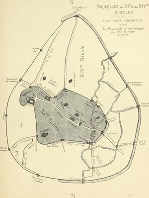 중세 브뤼셀의 개략적인 지도; 북쪽은 대략 아래쪽에 위치한다.