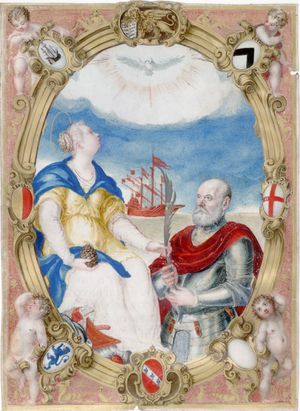 베네치아의 레판토 해전에서 지휘했던 갈레아스를 배경으로 팜 잎을 받는 베네치아 제독 프란체스코 두오도