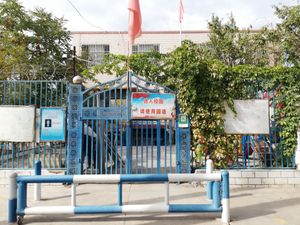 2018년 신장 위구르 자치구 투루판시의 한 학교 입구. 투루판은 위구르족이 다수인 도시이다. 학교 정문에 중국어로 쓰인 표지판에는 "학교에 들어갑니다. 국어(즉, 표준 중국어)를 사용하십시오."라고 적혀 있다.