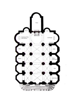 15세기에 지어진 바실리카의 원래 평면도; 합창단과 익랑의 모양은 불확실하다