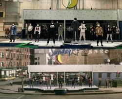 "선데이" 뮤지컬 시퀀스 촬영 (위)과 완성된 장면 (아래)