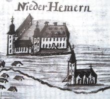 1767년경의 헤머 그림. 앞쪽의 교회가 성 비투스 교회, 뒤쪽이 성 페터 및 파울 교회