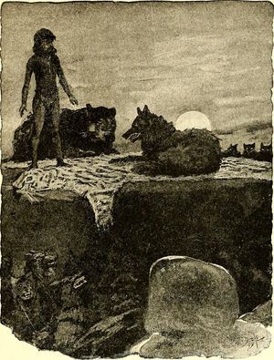 모글리, 바기라, 그리고 시어 칸의 가죽을 가진 늑대 무리. W. H. 드레이크의 삽화. 초판, 1894