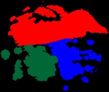 이야기의 주요 무대가 되는 동쪽 대륙. 파랑: 일리시아 성왕국, 빨강: 페리아 연합 왕국, 초록: 페레지아 왕국