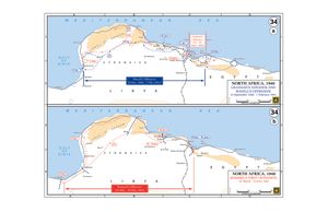 1940년 9월 13일부터 1941년 5월 30일 사이에 벌어진 전투와 이동을 상세히 보여주는 서부 사막 지도
