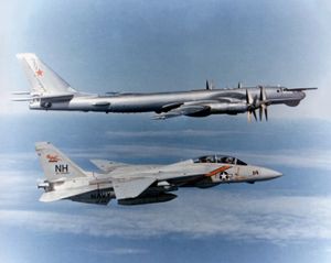 VF-114 소속 F-14A가 소련 Tu-95RT "베어-D" 해상 정찰기를 요격하고 있다.