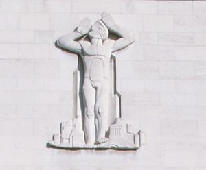 에드워드 베인브리지 코프넬의 작품 Architectural Aspiration. 런던 포틀랜드 플레이스 66번지 RIBA 본부 정문 위에 설치되어 있다.