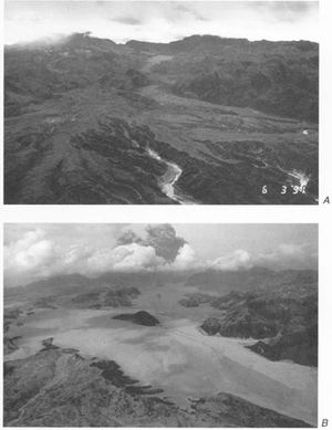 피나투보산에서 발생한 화쇄류로 채워진 강 계곡의 전후 사진