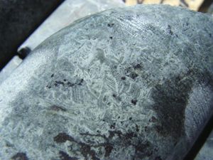 A2상의 수지상 깃털 모양 올리빈 결정, 드릴 구멍 WDD18, 웨스턴오스트레일리아주 위지물사