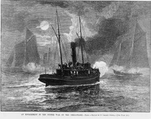 굴 전쟁 메릴랜드 해안에서 벌어진 굴밭 규제 (1886년 목판화)