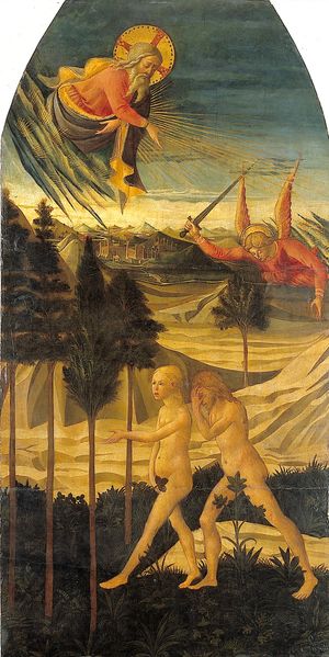 동쪽에서 벨레리안드로 도망치는 사람들: 쉽피는 그들이 에덴에서 쫓겨났을 수도 있다고 썼다. D. 디 미켈리노의 그림, c. 1460