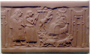 수메르의 원통형 인장에 묘사된 가축 (기원전 2500년경)