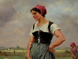19세기 시골 여인의 보디스(벨기에 화가 줄리앙 조셉의 건초 수확 세부 묘사)