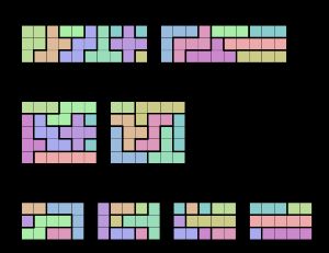 입체 펜토미노 퍼즐의 해 예시 (2x5x6). 각 층별로 배열된 모습을 보여준다.